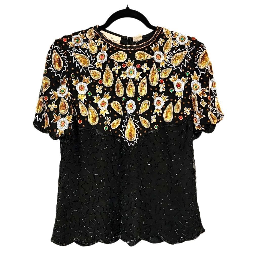 Laurence Kazar Vintage Top M Silk Beaded Sequin Art To Wear